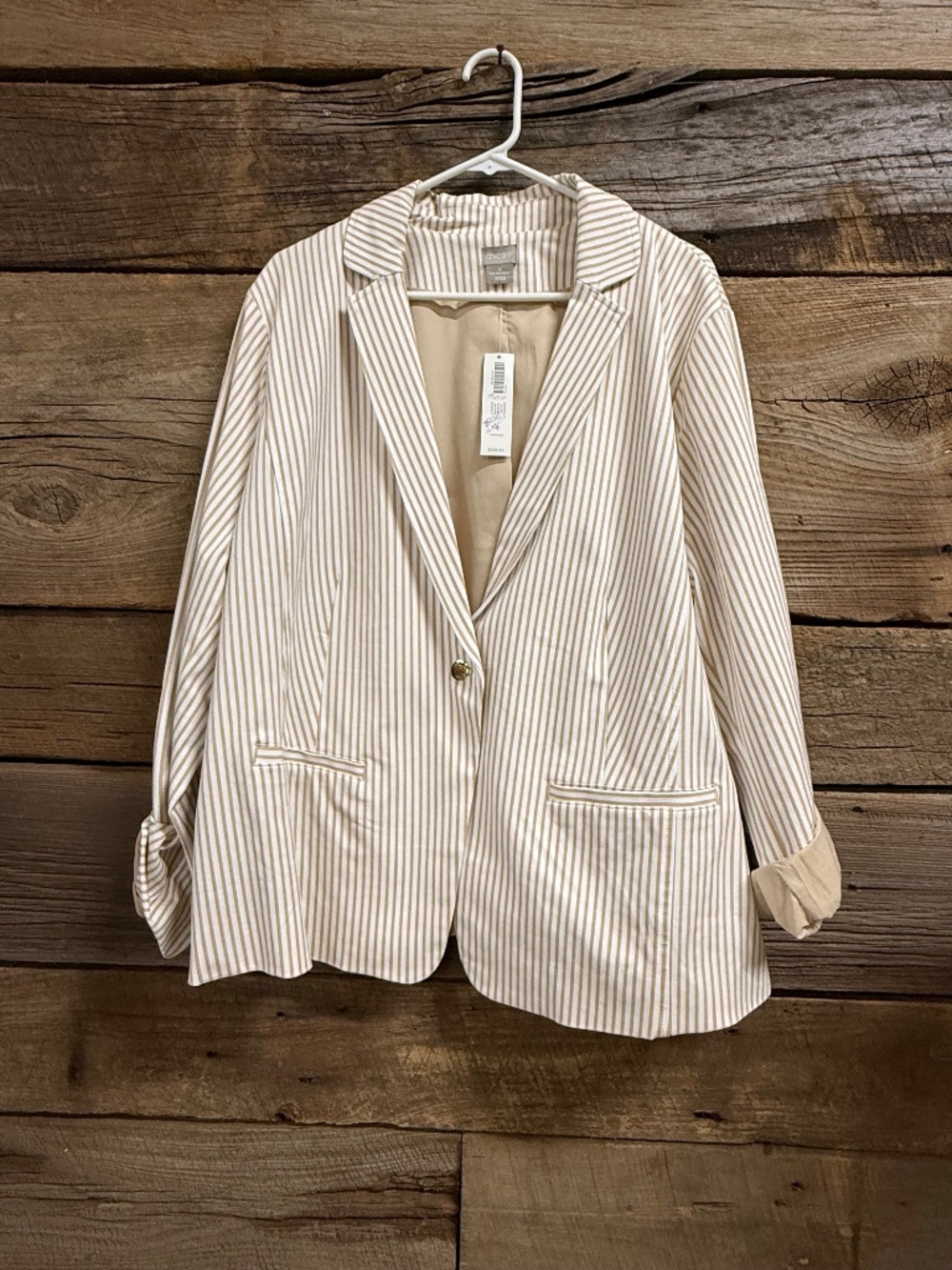 NWT Chico's 2 piece pant suit, Tan/White pinstripe, Jacket size 16, pant size 20